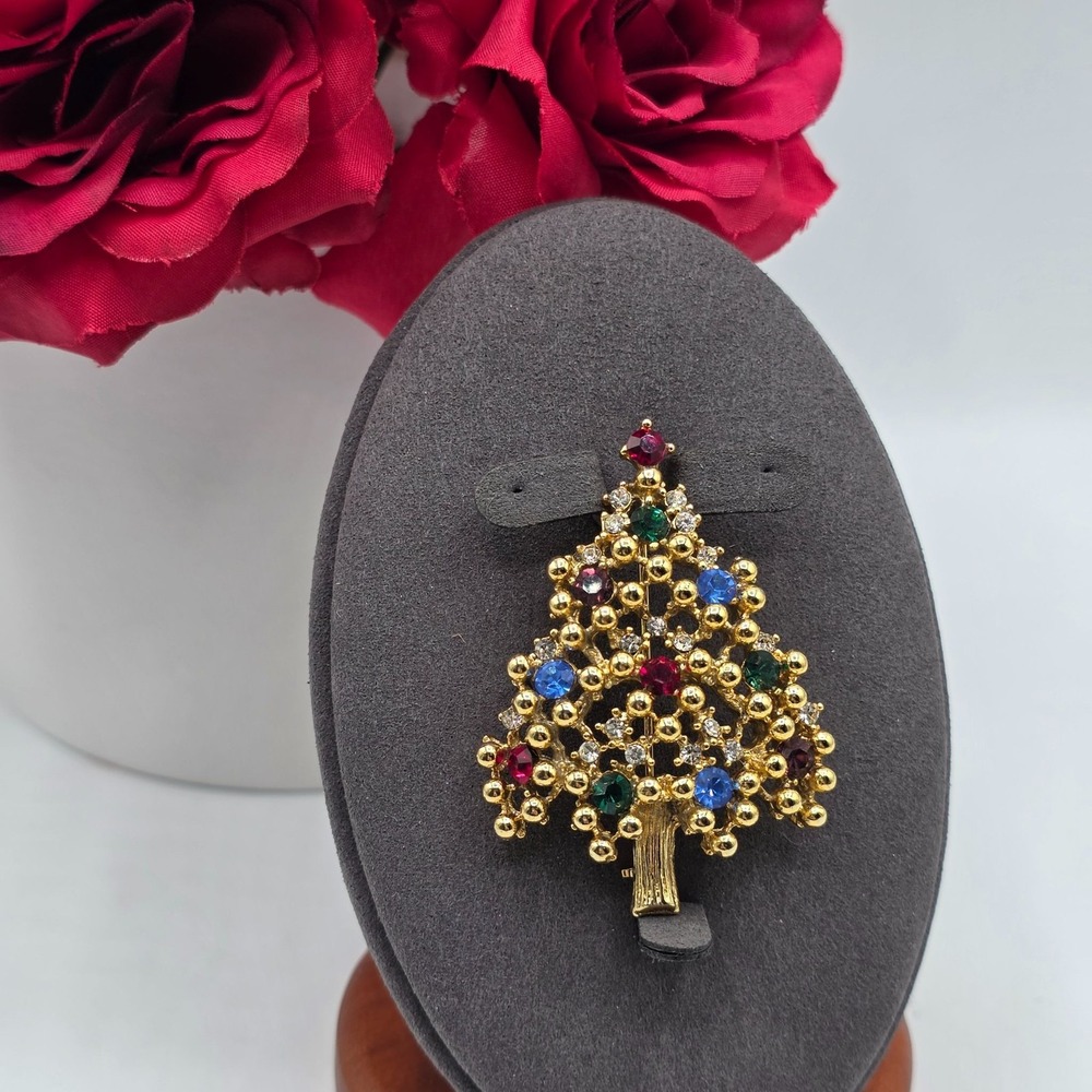 Eisenberg Christmas Tree Pin Brooch Rhinestone Gold Tone Multicolored Festive‎